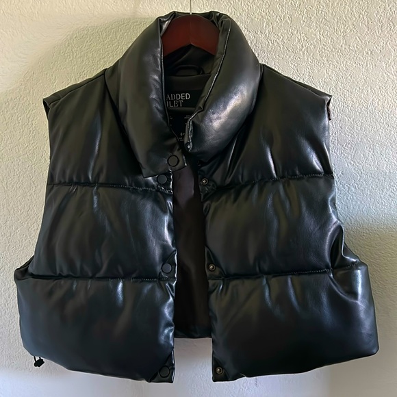 Women's Black Vegan Leather Puffer Vest - Picture 1 of 4